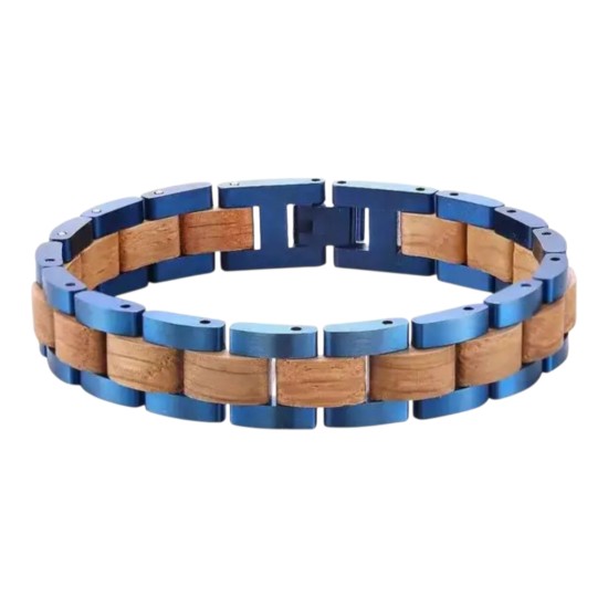 Bracciale acciaio blu e legno di Ulivo