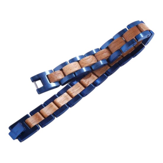 Bracciale acciaio blu e legno di Ulivo