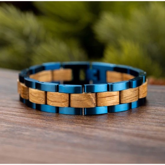 Bracciale acciaio blu e legno di Ulivo