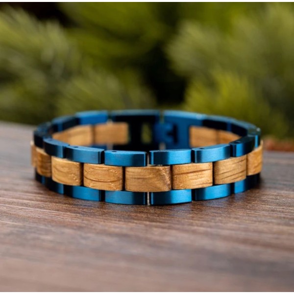 Bracciale acciaio blu e legno di Ulivo